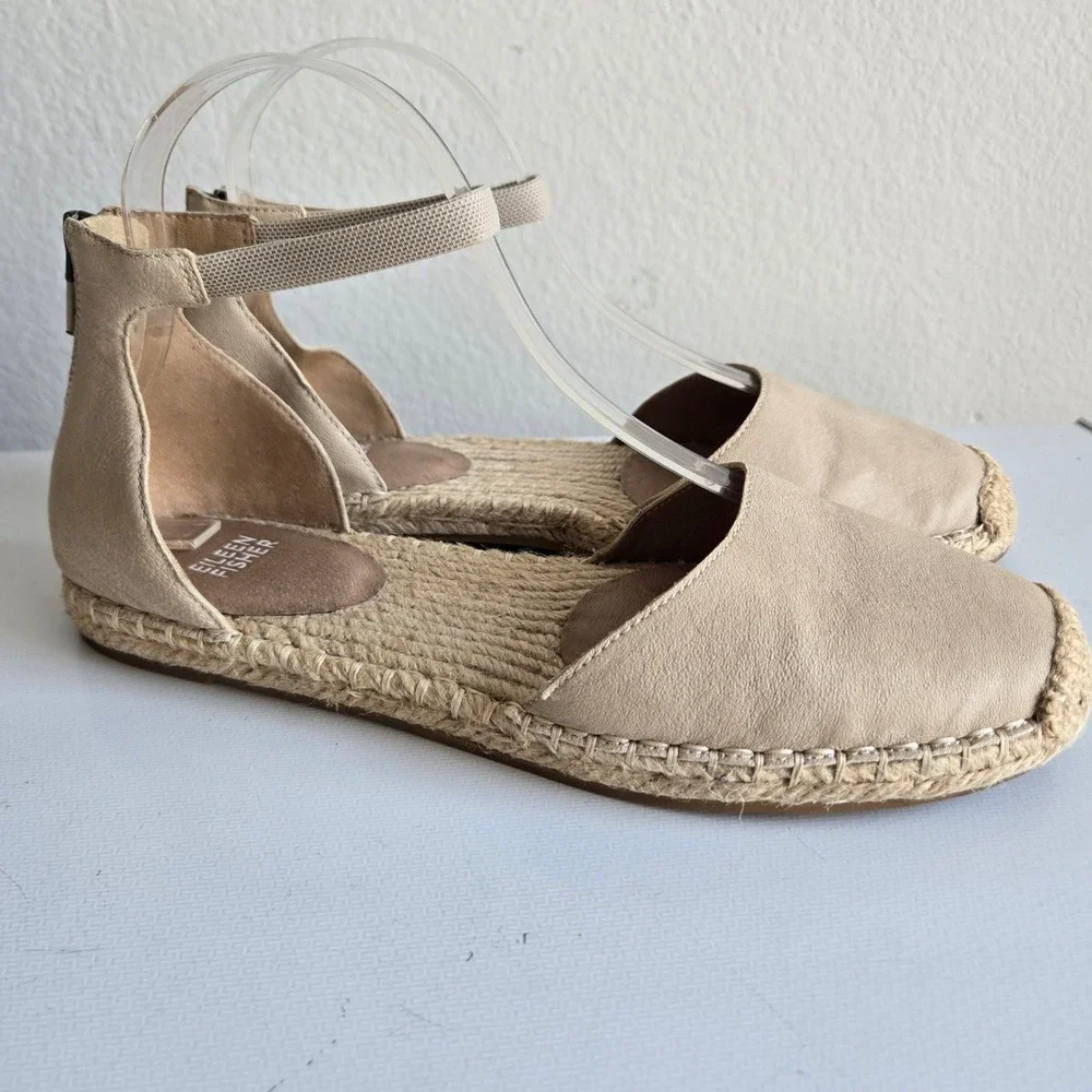 Eileen Fisher Womens Beige Leather Espadrille Ankle Strap Sandals Size 9 Flat